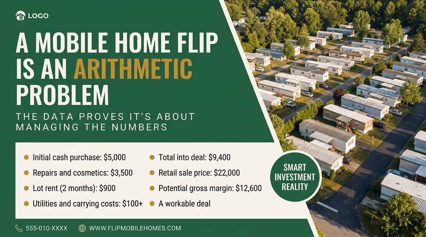 Create an infographic showing the data in this information.

Strip away the excitement and a mobile home flip is an arithmetic problem. Say you buy a unit in a park for $5,000 cash. You spend $3,500 on repairs, cosmetics, and supplies. You carry two months of lot rent at $450 per month, plus utilities, while you sell. That is $900 in carrying costs before you close. Your total into the deal is now $9,400. If the market in that park supports a retail sale price of $22,000, your gross margin is roughly $12,600. That is a workable deal. If your repair scope balloons to $8,000 and the home sits for four months instead of two, your margin shrinks by more than half before you factor in any sales costs
